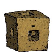 a menger sponge crouton with an excited face (blinking)