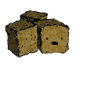 a cluster of three croutons with a wide-eyed face