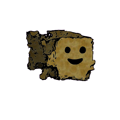 a crumbled square crouton with a contented face (content)