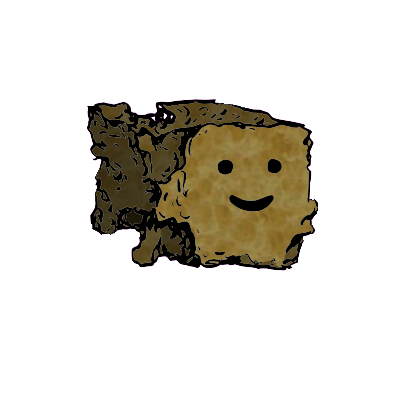 a crumbled square crouton with a contented face