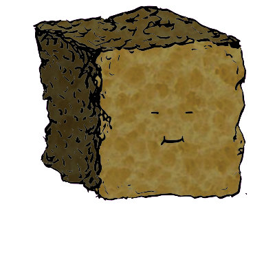 a large square crouton with a cheerful face (blinking)