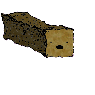 a long rectangular crouton with a wide-eyed face (blinking)